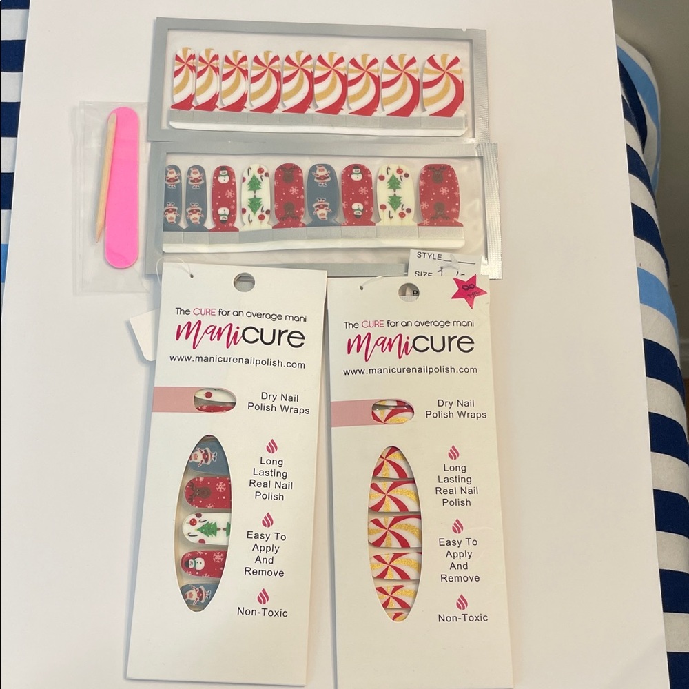 Festive 2 Nail Wraps Set with Candy Cane and Santa Designs